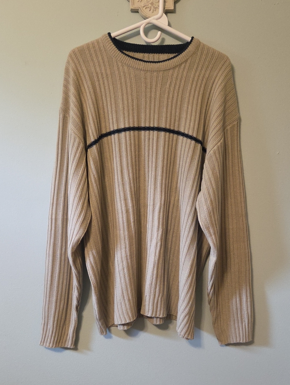 Utility Brand Men's Beige Ribbed Crewneck Sweater with Navy Accent